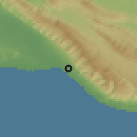 Shaded relief of the 57 km around Bandar-e Kangān, drawn from the GMTED2010 grid