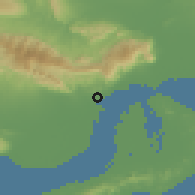 Shaded relief of the 57 km around Bandar-e Khamīr, drawn from the GMTED2010 grid