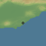 Shaded relief of the 57 km around Bandar-e Lengeh, drawn from the GMTED2010 grid
