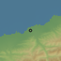 Shaded relief of the 54 km around Bandār Kheyl, drawn from the GMTED2010 grid