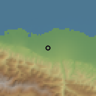 Shaded relief of the 54 km around Chamestān, drawn from the GMTED2010 grid