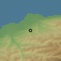 Shaded relief of the 54 km around Dārāb Kolā, drawn from the GMTED2010 grid