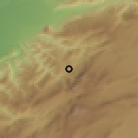 Shaded relief of the 54 km around Dowzeyn, drawn from the GMTED2010 grid