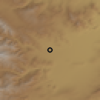 Shaded relief of the 54 km around Fīrūraq, drawn from the GMTED2010 grid