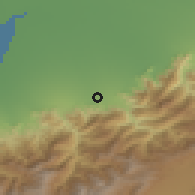 Shaded relief of the 54 km around 'Alīābād, drawn from the GMTED2010 grid
