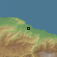 Shaded relief of the 54 km around Amlesh, drawn from the GMTED2010 grid