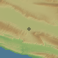 Shaded relief of the 57 km around Khesht, drawn from the GMTED2010 grid