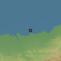 Shaded relief of the 54 km around Kīā Kolā, drawn from the GMTED2010 grid