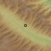 Shaded relief of the 54 km around Āb Bar, drawn from the GMTED2010 grid