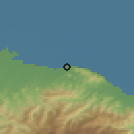 Shaded relief of the 54 km around Lāhījān, drawn from the GMTED2010 grid