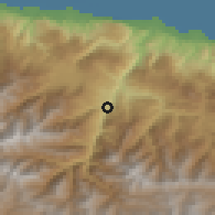 Shaded relief of the 54 km around Marzanābād, drawn from the GMTED2010 grid