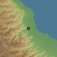 Shaded relief of the 54 km around Māsāl, drawn from the GMTED2010 grid