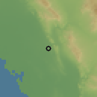 Shaded relief of the 57 km around Mīnāb, drawn from the GMTED2010 grid