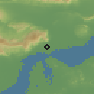 Shaded relief of the 57 km around Pol-e Sharqī, drawn from the GMTED2010 grid