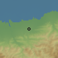 Shaded relief of the 54 km around Qā'emshahr, drawn from the GMTED2010 grid