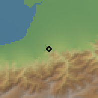 Shaded relief of the 54 km around Qereq, drawn from the GMTED2010 grid