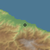 Shaded relief of the 54 km around Rah̨īmābād, drawn from the GMTED2010 grid