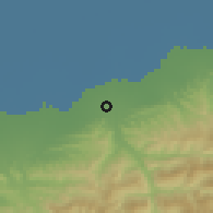 Shaded relief of the 54 km around Sārī, drawn from the GMTED2010 grid