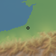 Shaded relief of the 54 km around Sorkhan Kalāteh, drawn from the GMTED2010 grid