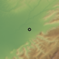 Shaded relief of the 54 km around Yanqāq, drawn from the GMTED2010 grid