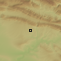 Shaded relief of the 54 km around 'Aqrah, drawn from the GMTED2010 grid