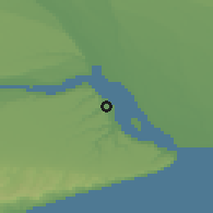 Shaded relief of the 50 km around Puerto Santa Cruz, drawn from the GMTED2010 grid